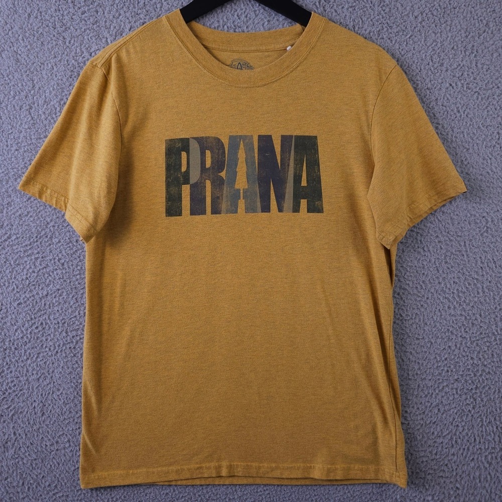 prAna Lock Tee Shirt Men Medium Yellow Crew Neck Graphic Hiking Outdoors Gorpore - Picture 2 of 12
